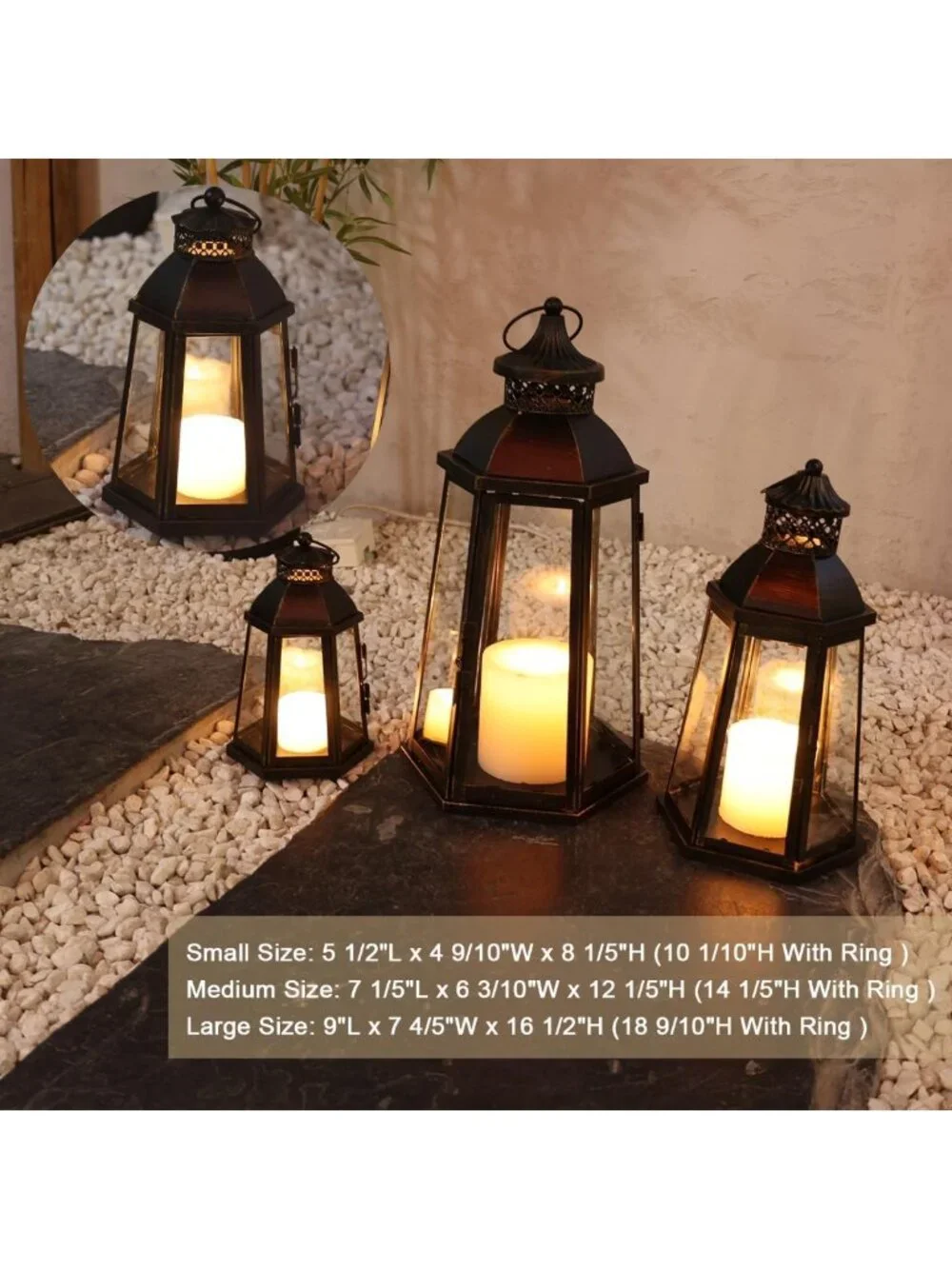 Set of 3 Vintage Lanterns - Metal Frame Candle Holders for Indoor & Outdoor